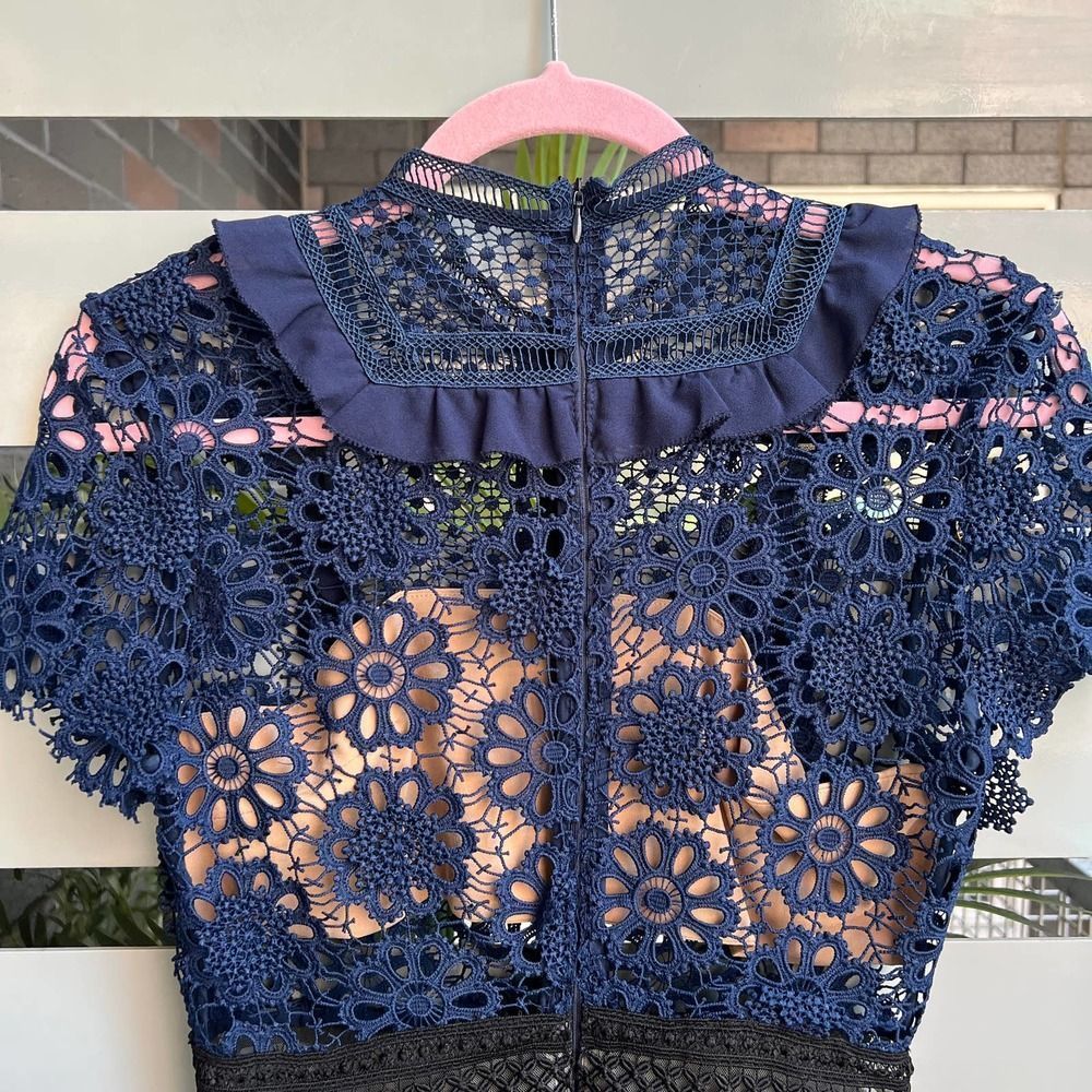 Self-Portrait Navy Floral Crochet Mini Dress with Black Waist Detail - Picture 6 of 14
